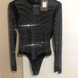 Rhinestone black mesh bodysuit
